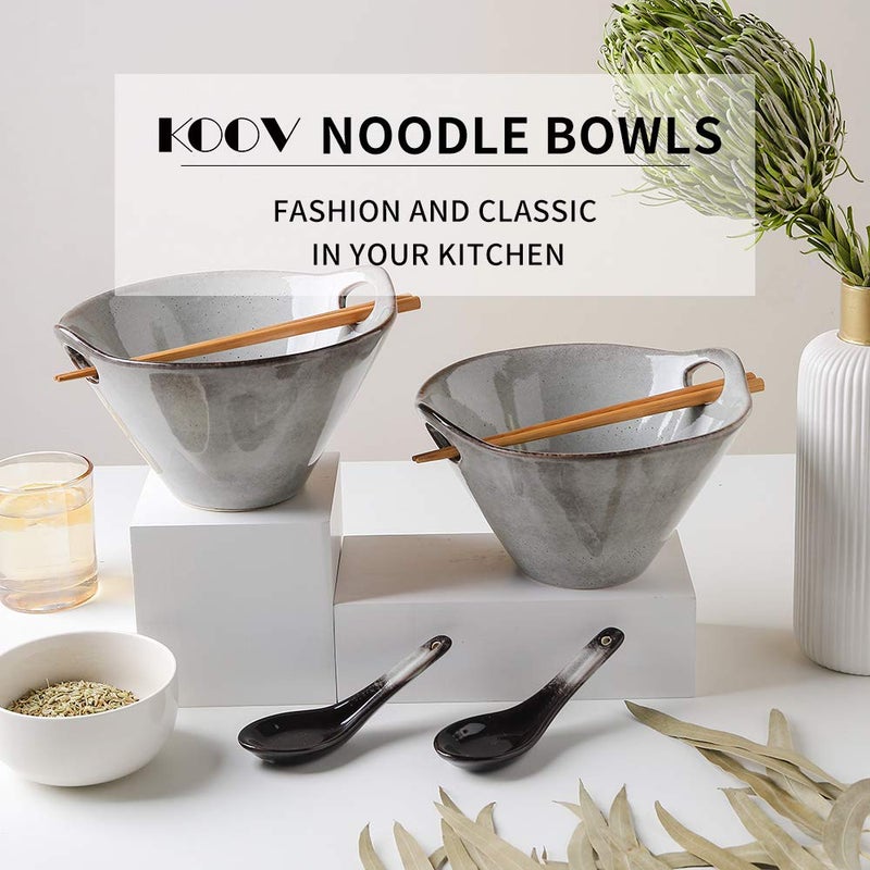 KOOV Porcelain Ramen Bowls and Spoons Set of 2 - Japanese Ramen Noodle Bowl with Chopsticks and Spoons, 26 Ounce Deep Pho Bowl, Reactive Glaze (Variable Grey) - Image 2